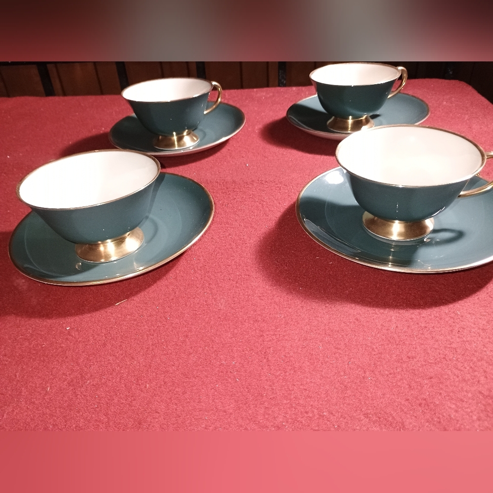 Set Of 4 Flintridge China Slyvan Elegant Teal and Gold Teacups And Saucers